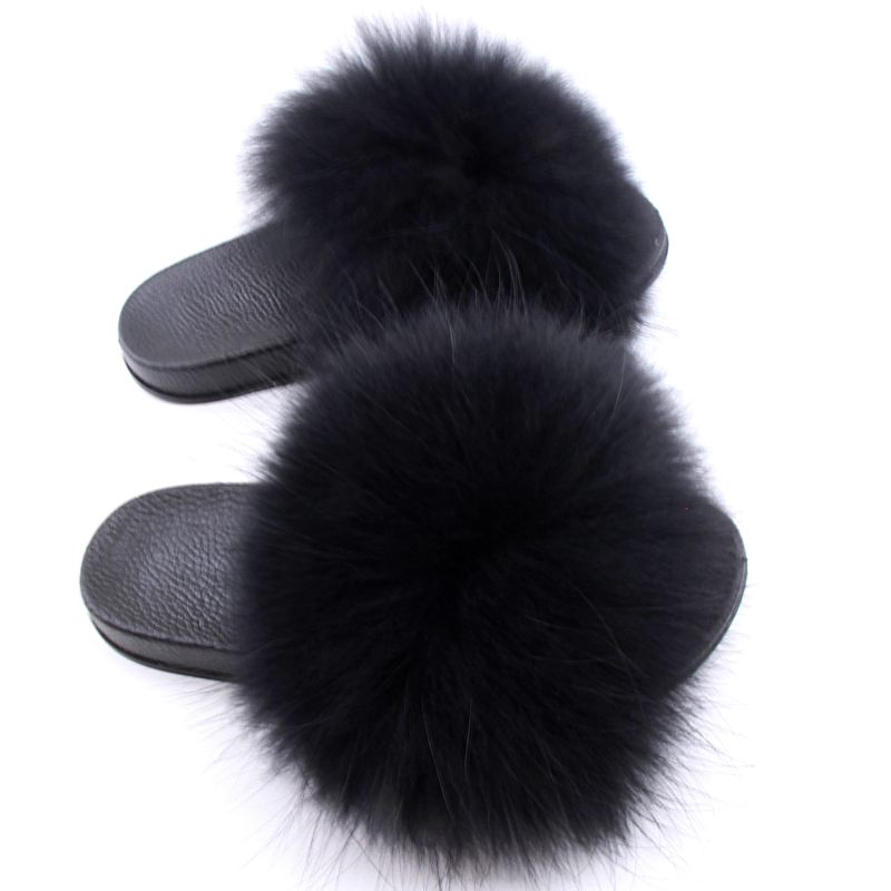 Black Real Raccoon Fur Slides Fur Slippers Fuzzy Furry Fur Sandals Slippers