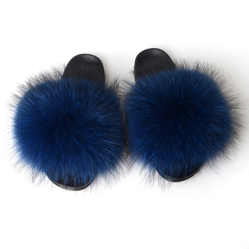 Blue Real Raccoon Fur Slides Furry Fur Sandals