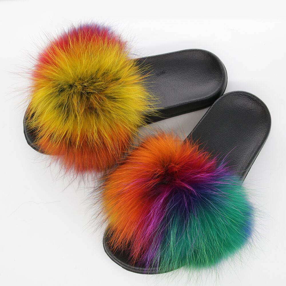 Colorful Fluffy Slides Real Raccoon Fur Sliders