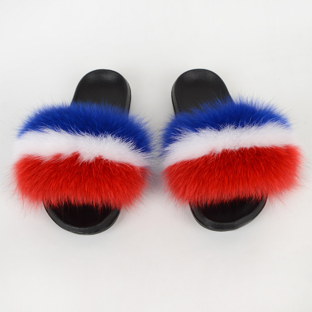 France Flag Real Fox Fur Slippers Fluffy Raccon Fur Slides Furry Sandals