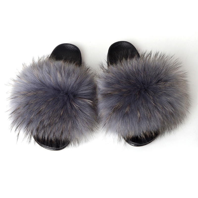 Chanclas de piel de mapache gris real Sandalias de piel de zorro Sandalias de piel peluda