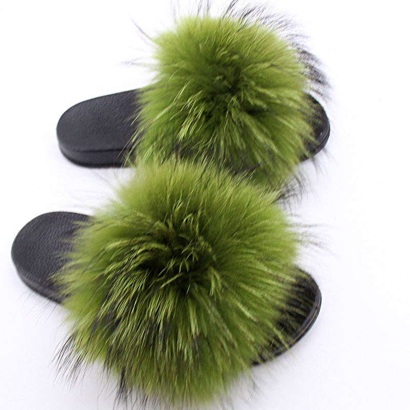 Green Real White Raccoon Fur Slides Fur Slippers Furry Fuzzy Sandals