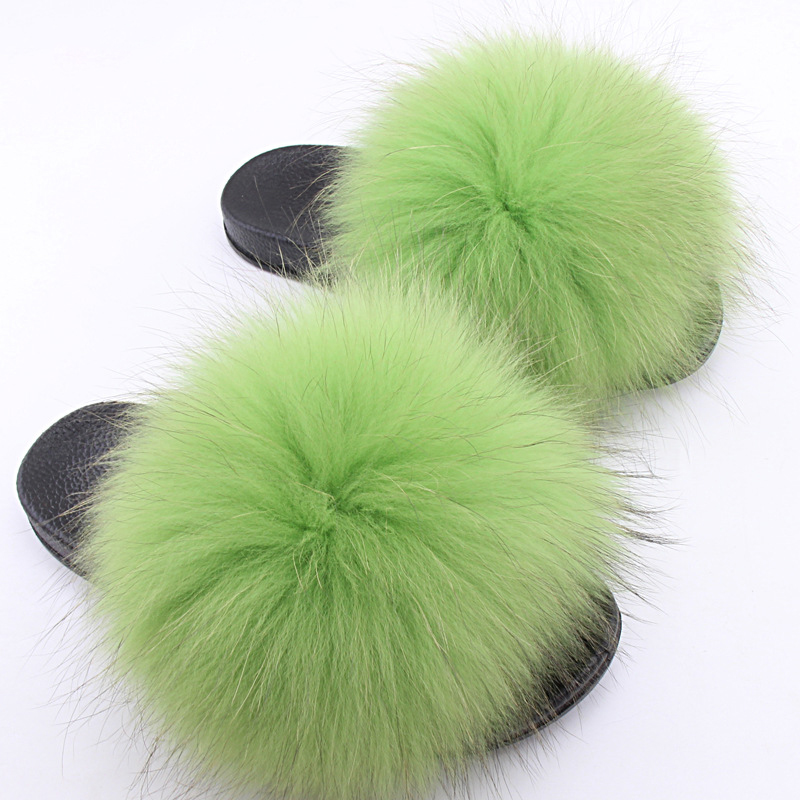Green light Real White Raccoon Fur Slides Fur Slippers Furry Fuzzy Sandals
