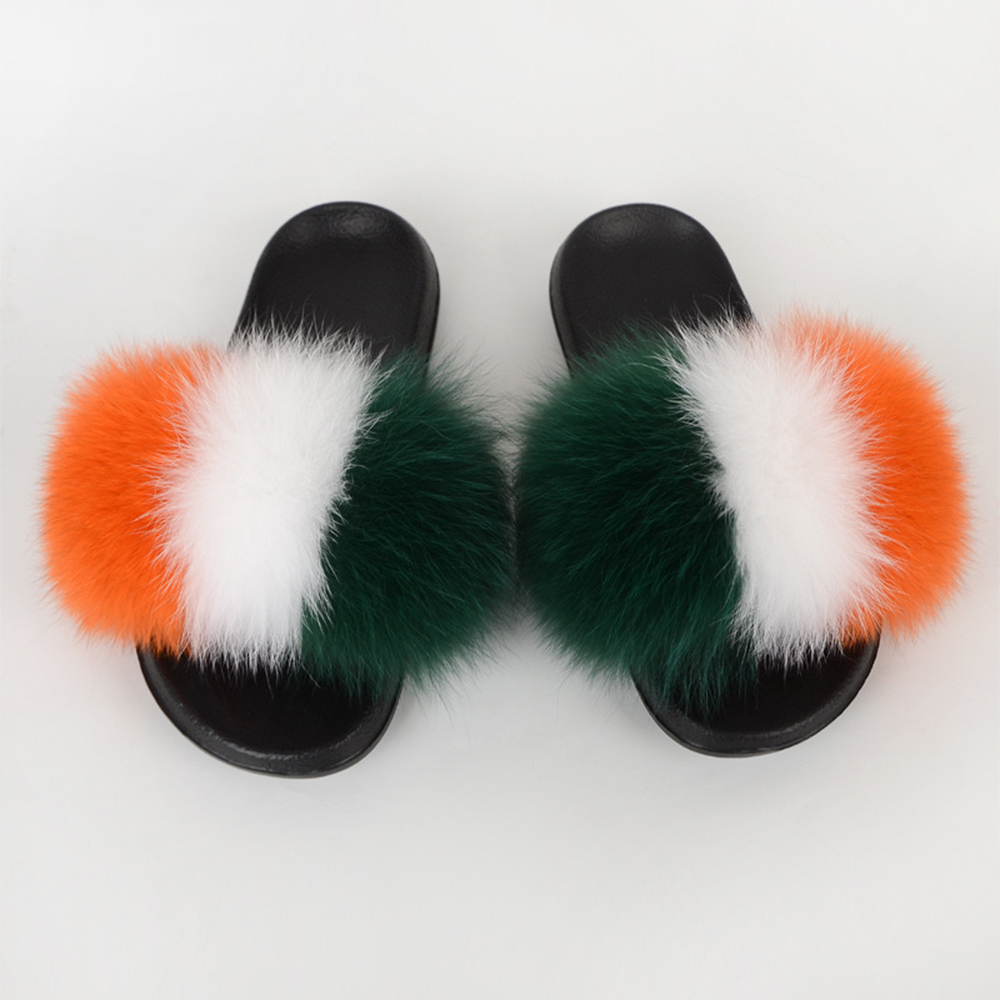 Irlanda Bandera Mujer Zapatillas de piel de zorro Real Fluffy Raccon Fur Slide Sandalias de piel