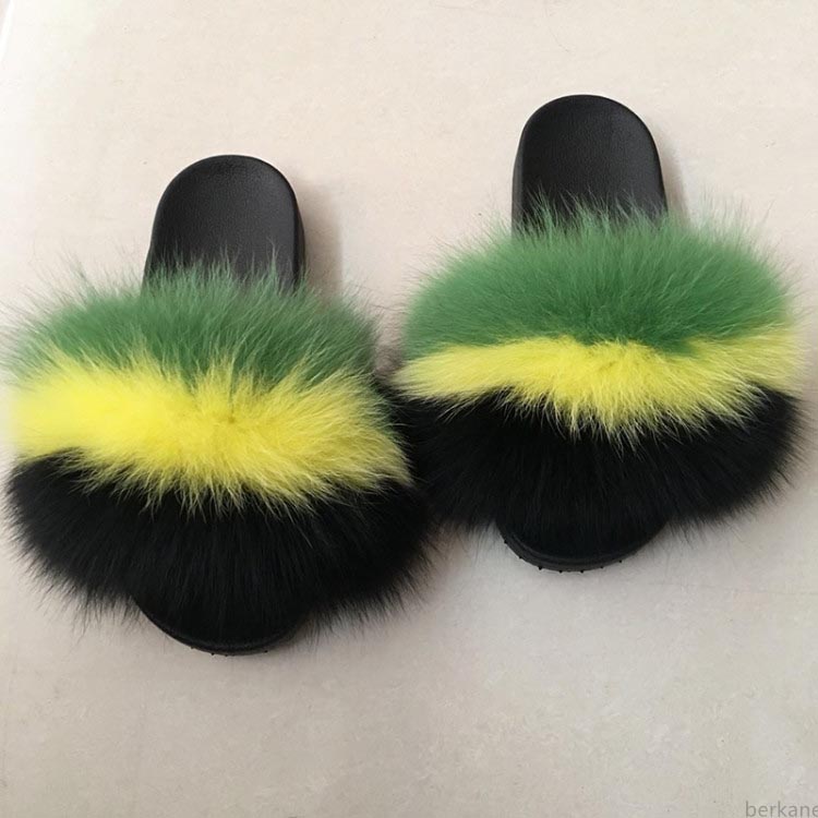 Ladies Fox fur Slides Women Fur Raccoon Jamaica Flag Fluffy Sliders
