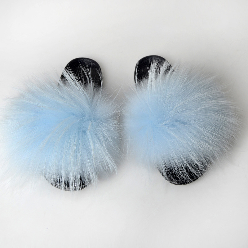 Lichtblauw echt wit wasbeerbont glijdt harige vacht sandalen Fuzzy