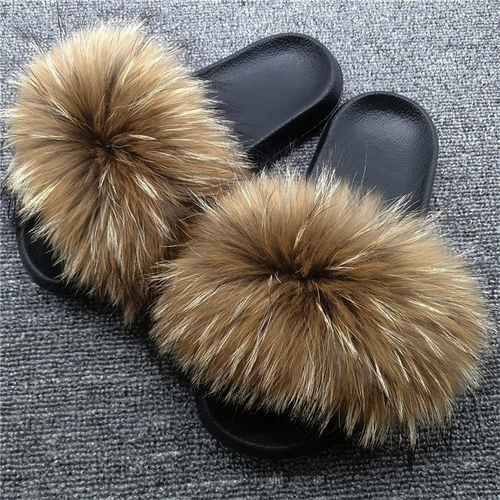 NNatural Sandalias de piel de mapache real Sandalias de piel de mapache esponjosas