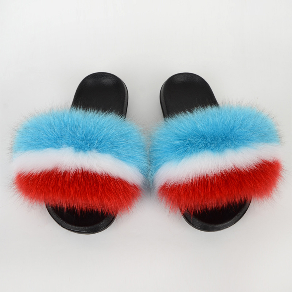 Netherlands Flag Women Real Fox Fur Slippers Fluffy Raccon Fur Sliders Sandals