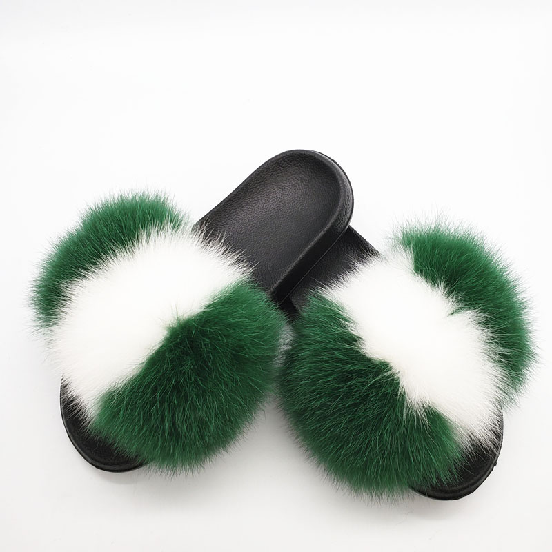 Nigeria Flag Fox Fur Slippers Women Fur Raccoon Africa Fluffy Sliders