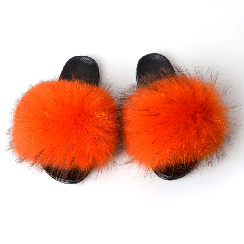 Oranje Real Raccoon Fur Slides Fox Fur Sliders Furry Fur Sandals
