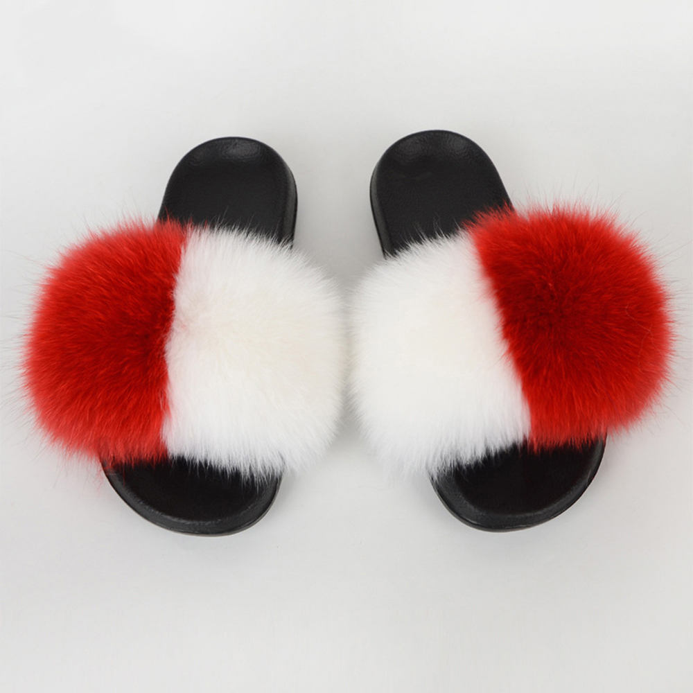 Poland Flag Fox Fur Slippers Fluffy Raccon Fur Slide Furry Sandals