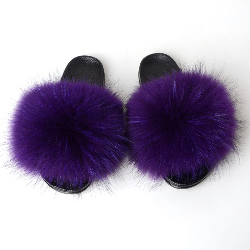 Purple Real Raccoon Fur Slides Fox Fur Slippers Furry Fuzzy Sandals