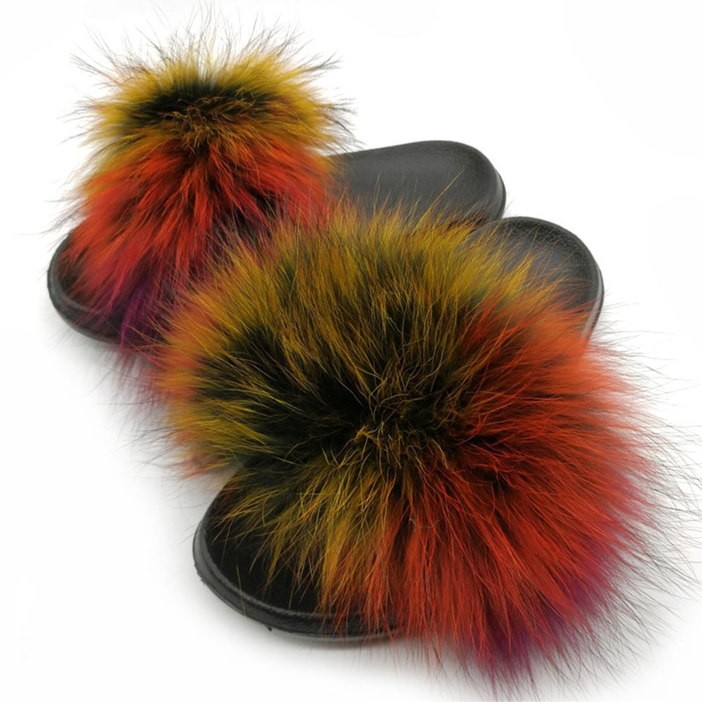 Real Multicolor Raccoon Fur Slides Fluffy Sliders
