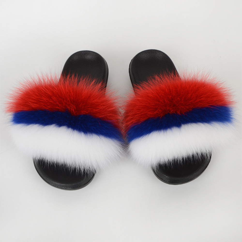 Slovakia Slovenia Flag Real Fox Fur Slippers Fluffy Raccon Fur Slides Furry Sandals