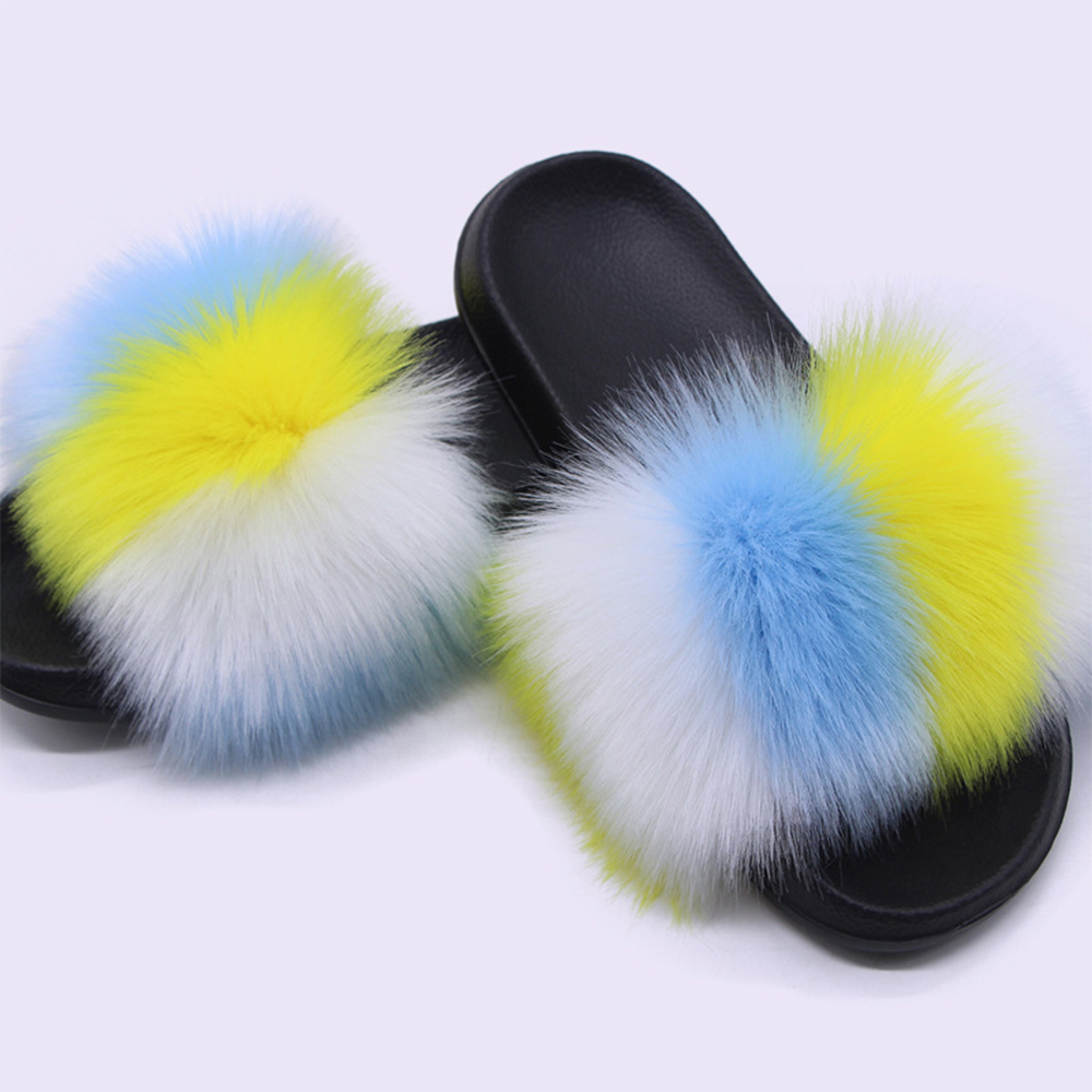 Ukraine Flag Women Real Fox Fur Slippers Fluffy Raccon Fur Slide Fuzzy Sandals