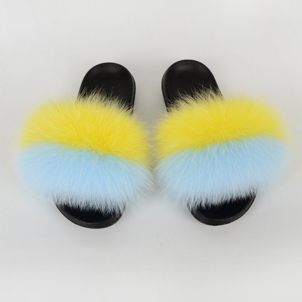 Ukraine Flag Women Real Fox Fur Slippers Fluffy Raccon Fur Slide Fuzzy Sandals