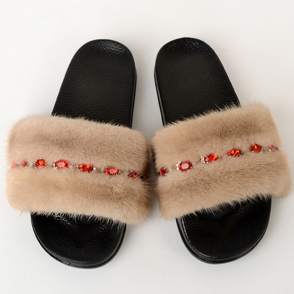 Real Cream Mink Slippers Mink Fur Slides Fluffy Fur Sandals