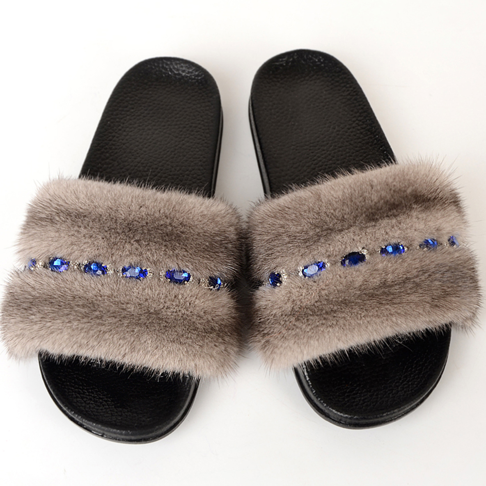 Women Mink Slippers Real Mink Fur Slides Fluffy Fur Sandals Flat