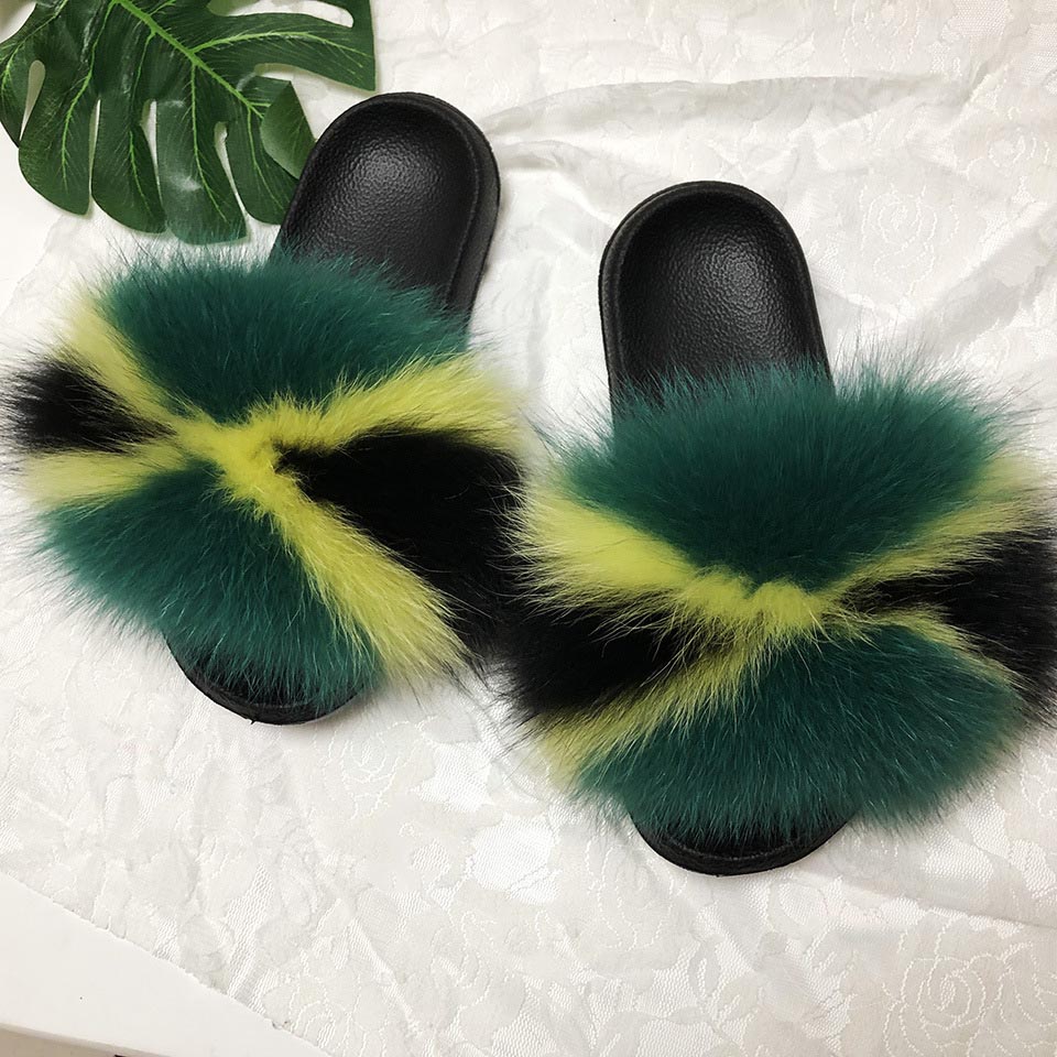Women Real Fur Raccoon-Fox Slides Africa Fluffy-Sliders