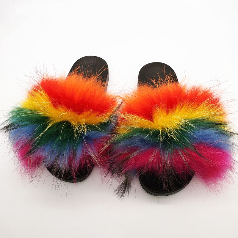 multicolor fur slides
