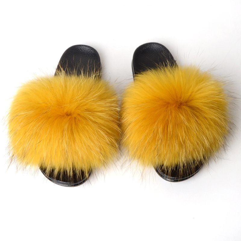 Yellow Real Raccoon Fur Slides Fur Slippers Furry Fluffy Sandals