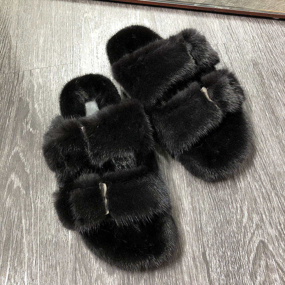 women real black mink fur sandals slippers slide ladies furry slides