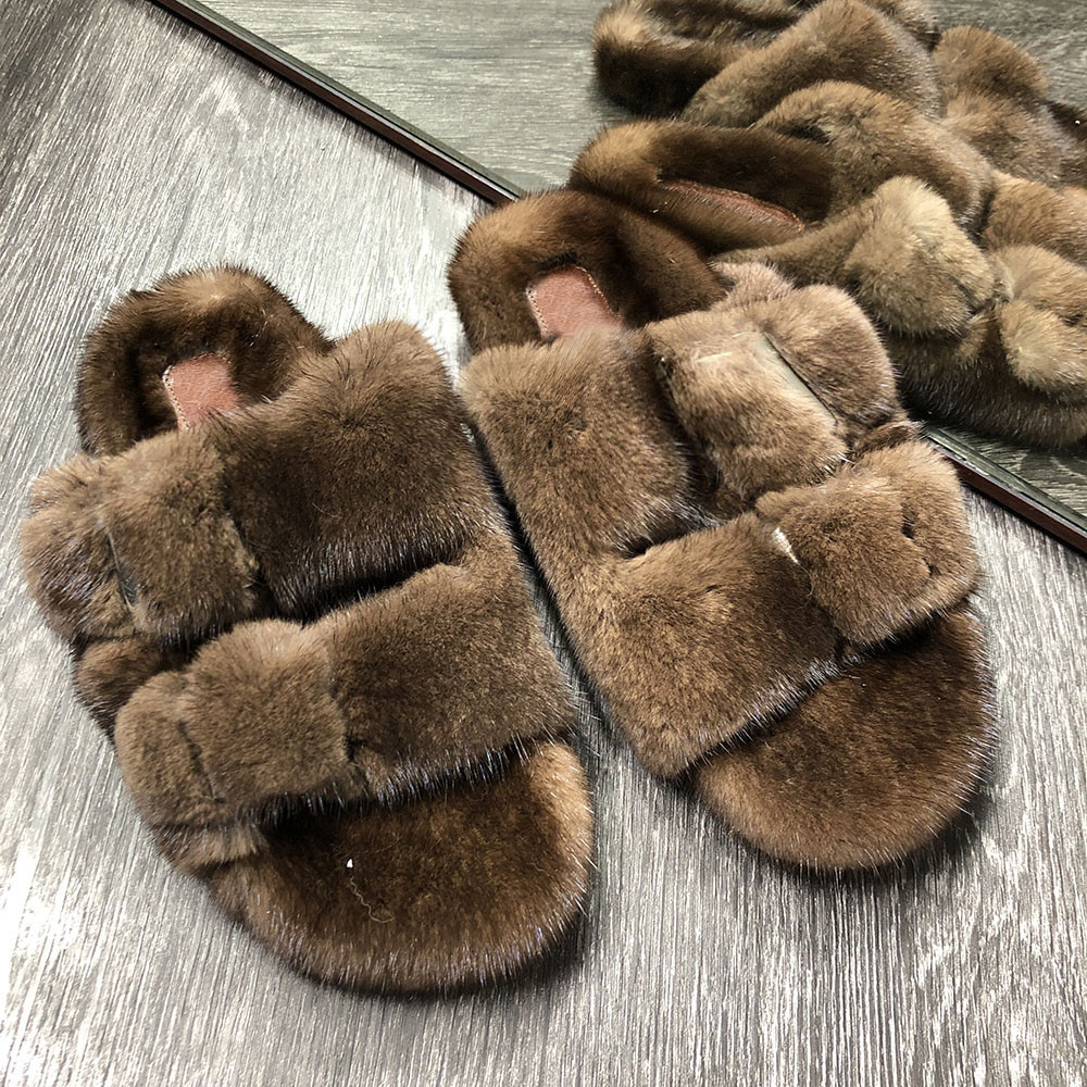 women real brown mink fur sandals slippers slide ladies furry slides