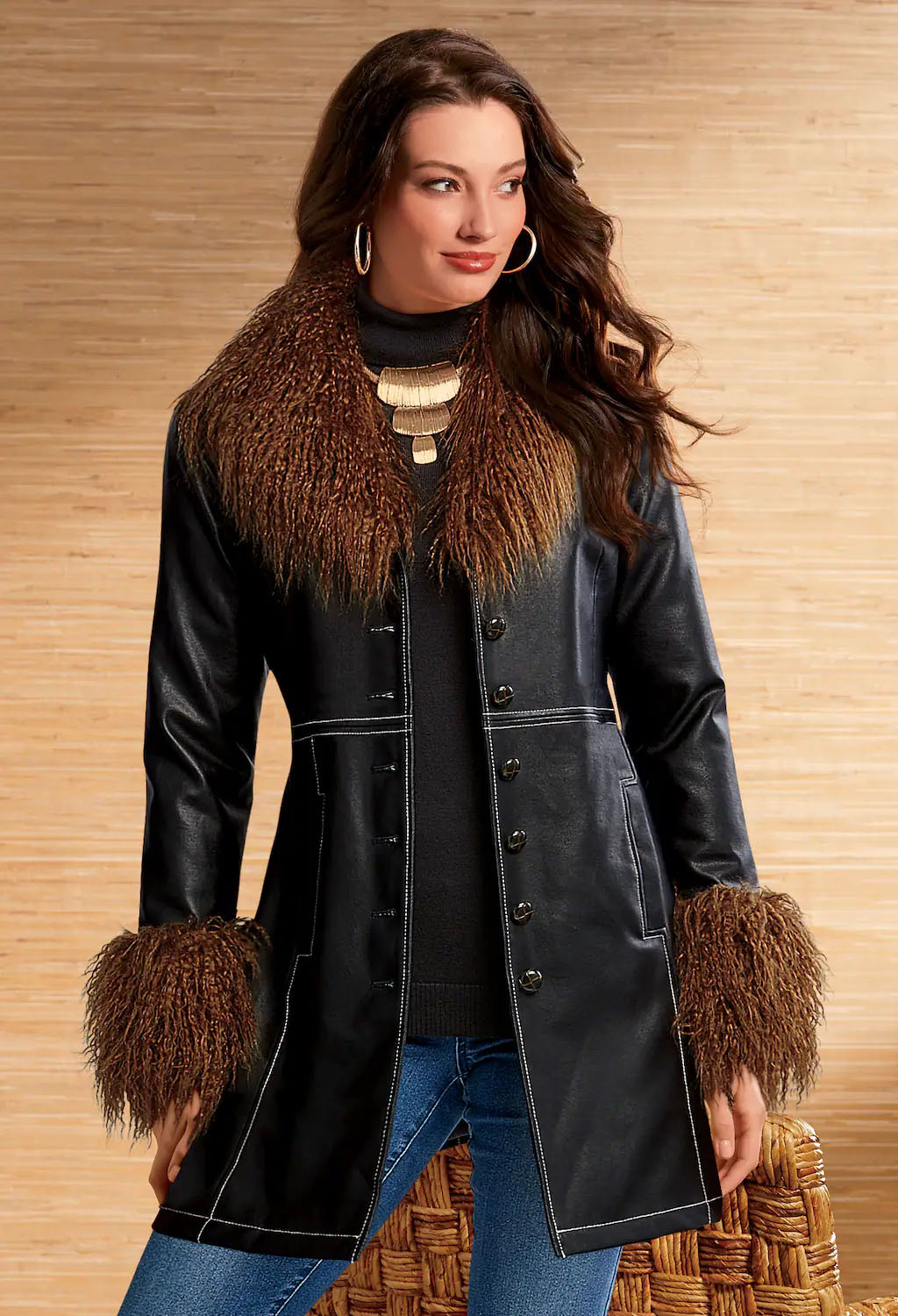 faux mongolian fur collar coat